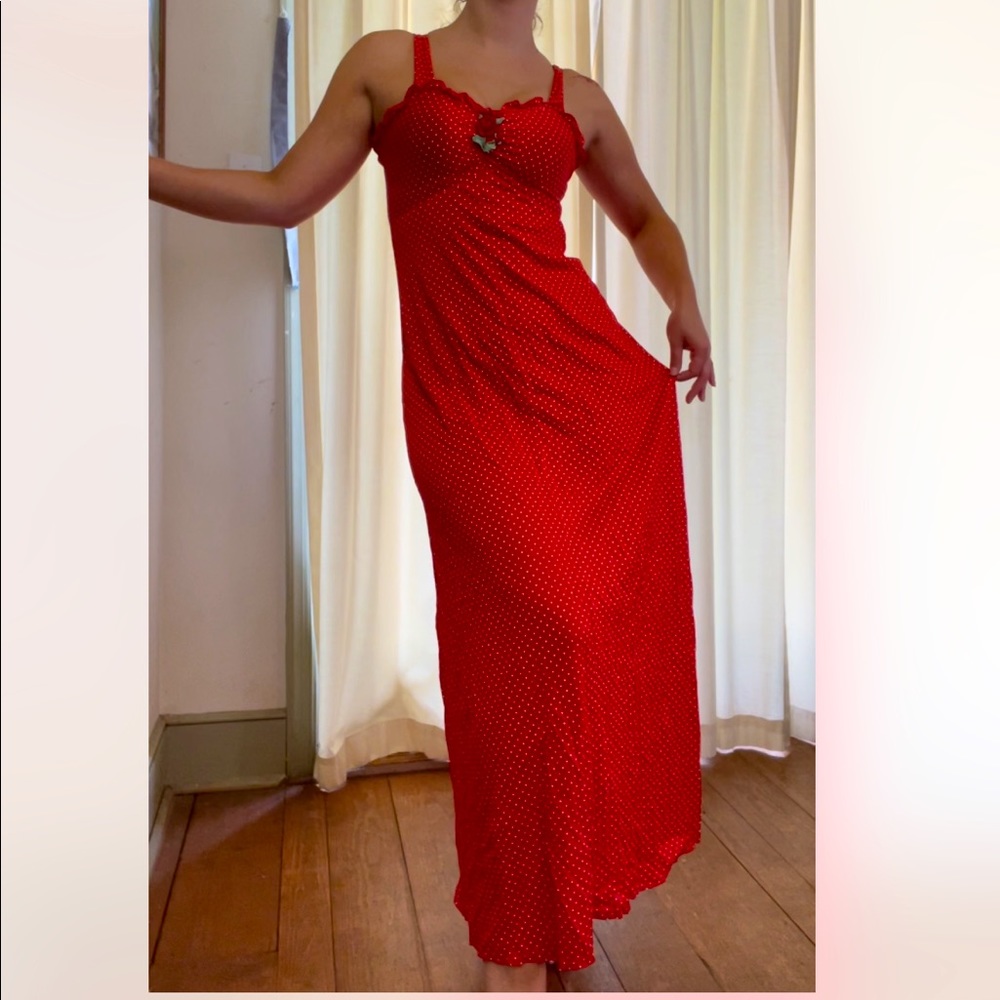 Cottage-core red and white polka dot maxi dress